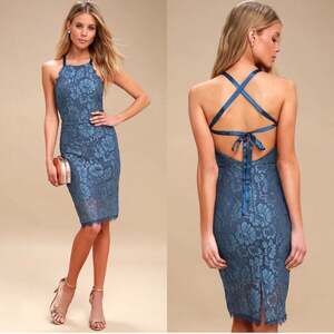 Lulus Wishful Wanderings Blue Lace Bodycon Halter Midi Dress